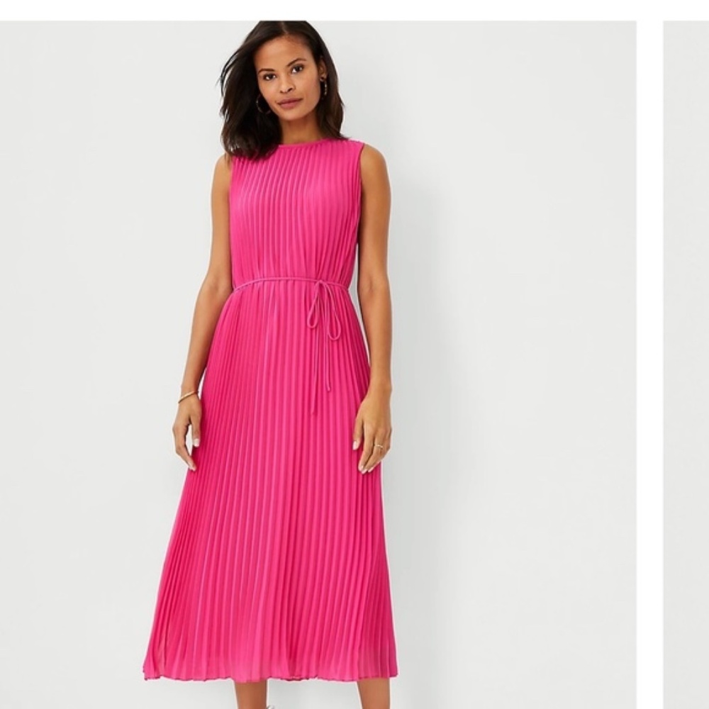 Ann Taylor Pleated Sleeveless Maxi Dress in Bright Pink